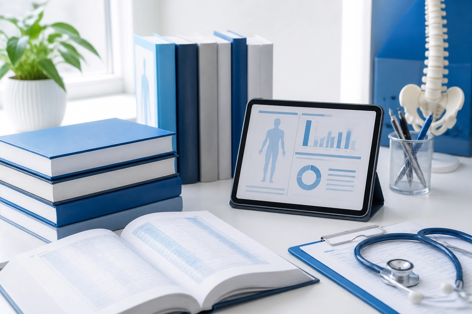 Medical billing resources and reporting materials on a desk
