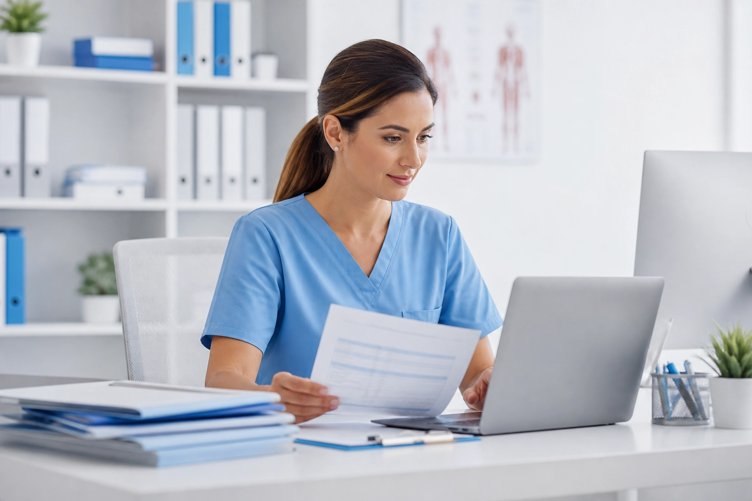 Medical billing specialist reviewing claims in a modern clinic office