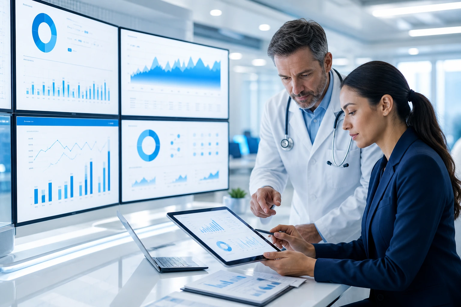 Healthcare team reviewing AI-powered revenue cycle dashboards